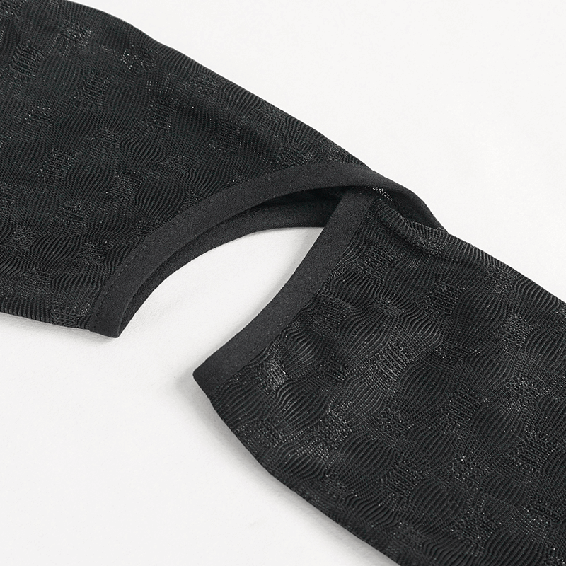Close-up of the unique split long sleeve design of a gothic women's top in black fabric.