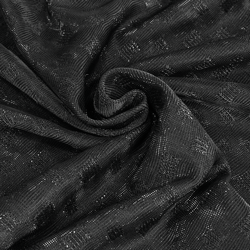 Black textured fabric showing intricate patterns, perfect for gothic style tops and trendy clothing designs.