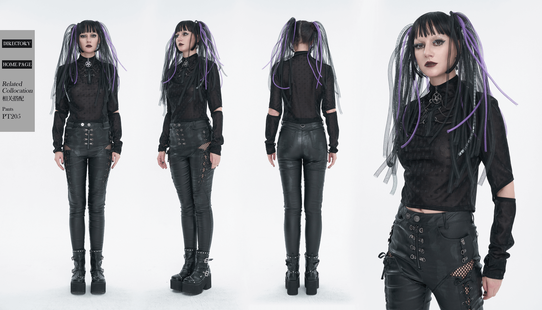 Fashionable gothic woman in black long-sleeve top with pentagram zipper and stylish split long sleeves.
