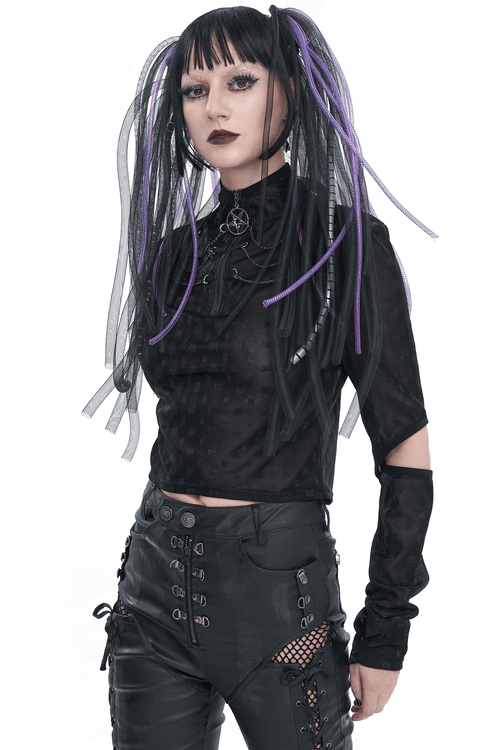 Gothic Stand Collar with Pentagram Zipper Black Top / Cool Women's Tops with Split Long Sleeves