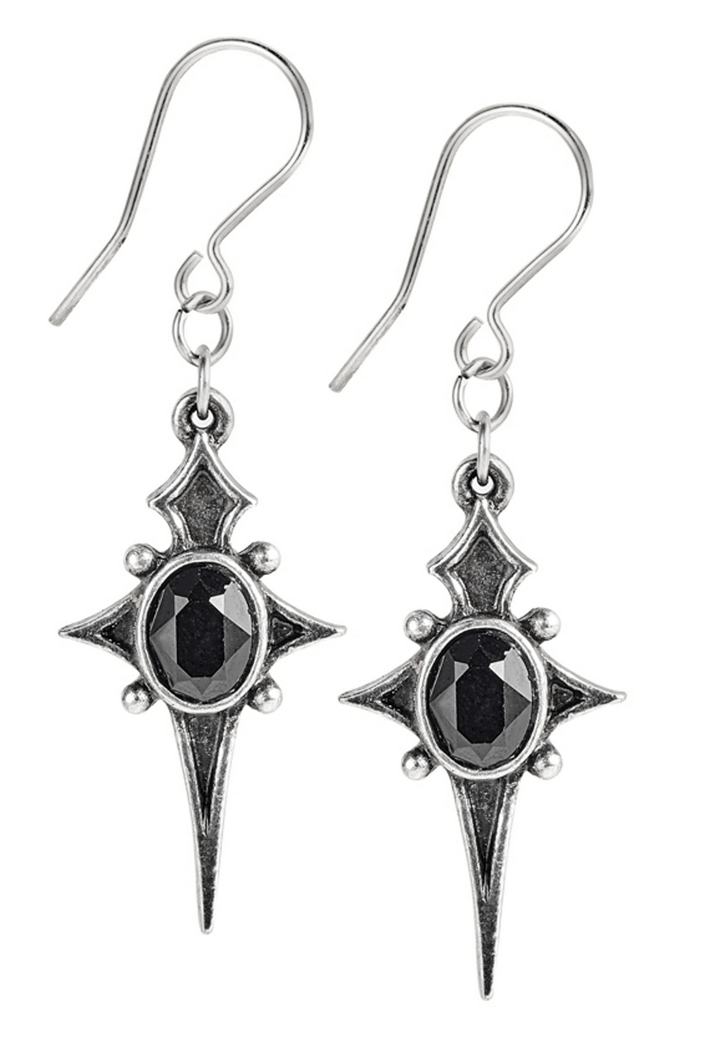 Gothic Star Cross dropper earrings in antiqued pewter with black Austrian crystal for a dramatic touch.