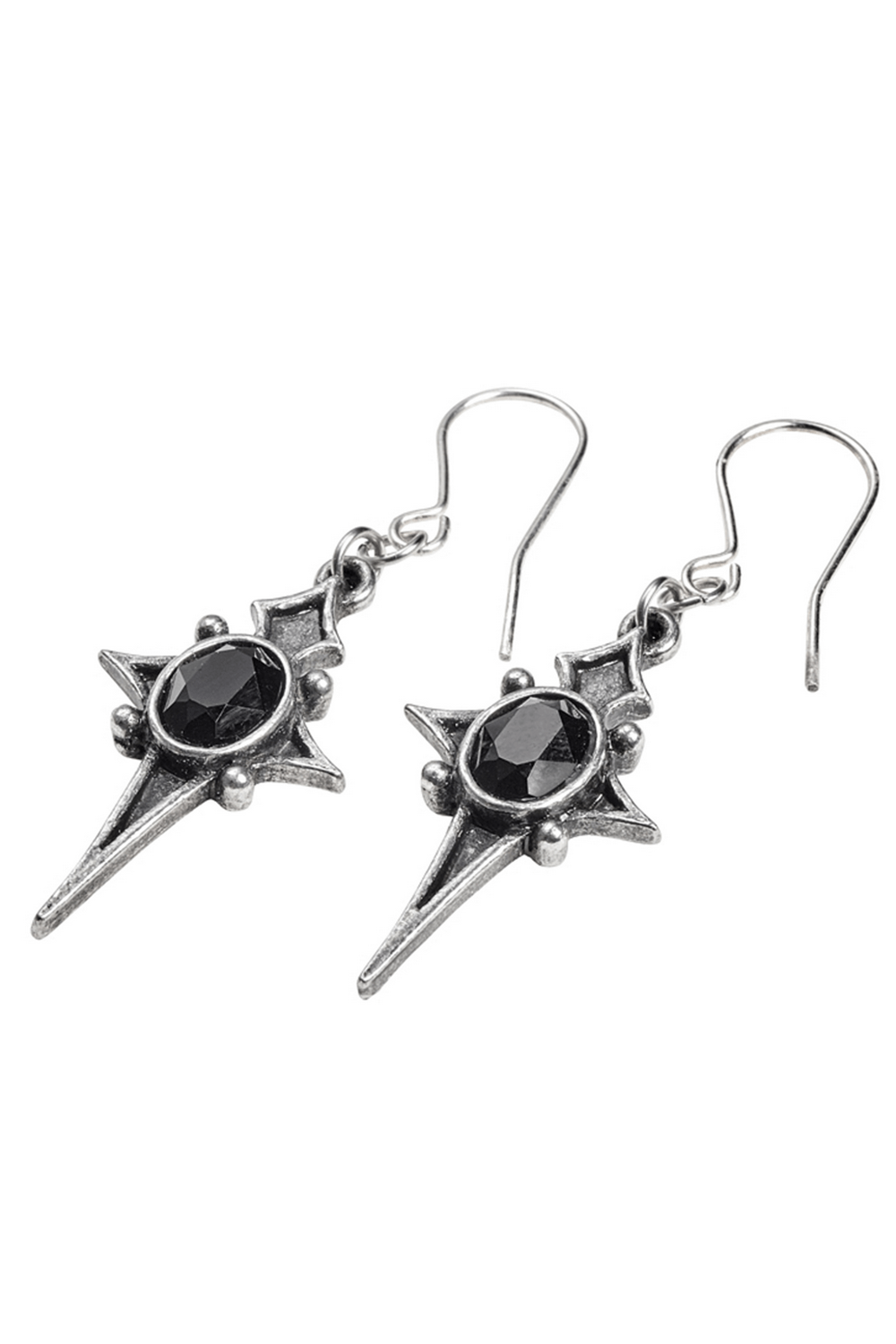 Gothic star cross dropper earrings in antiqued pewter with black Austrian crystal for a dramatic touch.