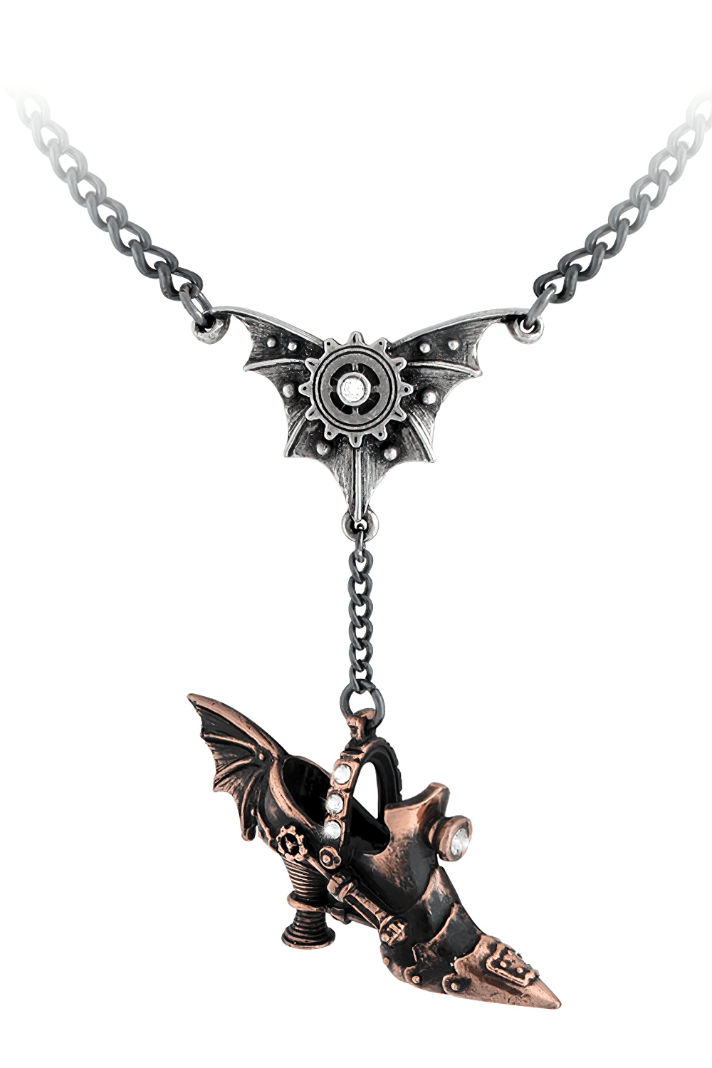 Gothic Steampunk Bat and Gear Shoe Pendant Necklace showcasing a bat-wing high heel with Swarovski crystals on a chain.