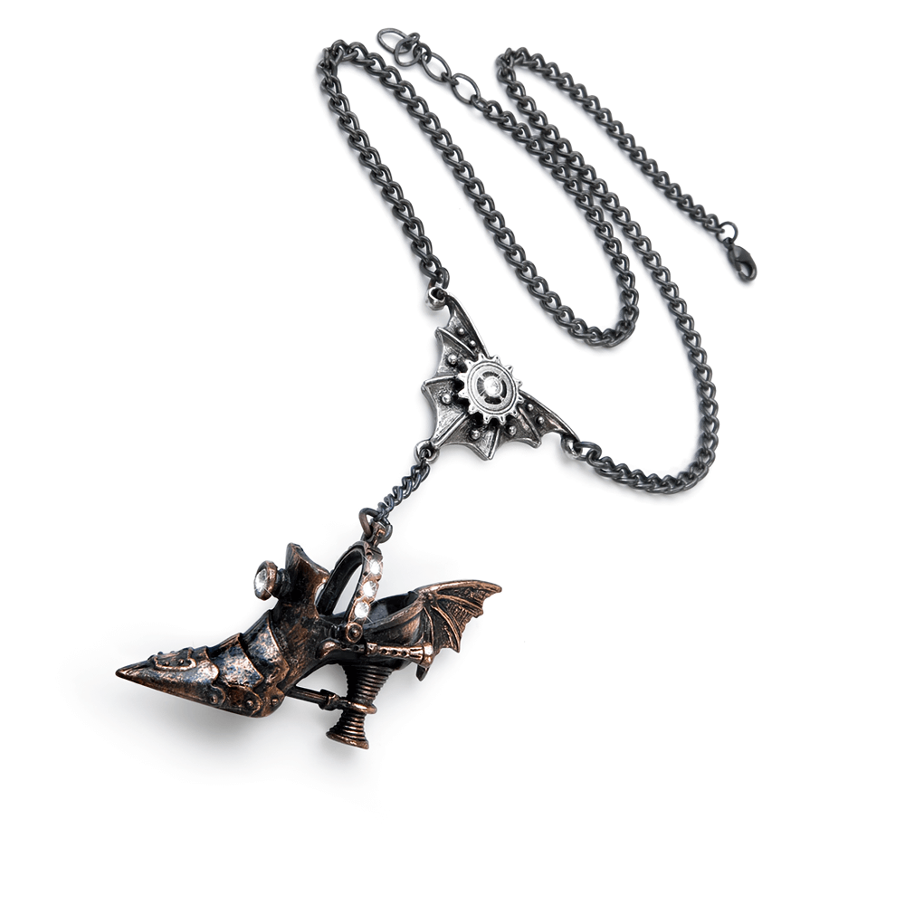 Gothic Steampunk Bat and Gear Shoe Pendant Necklace with intricate bat details and industrial flair.