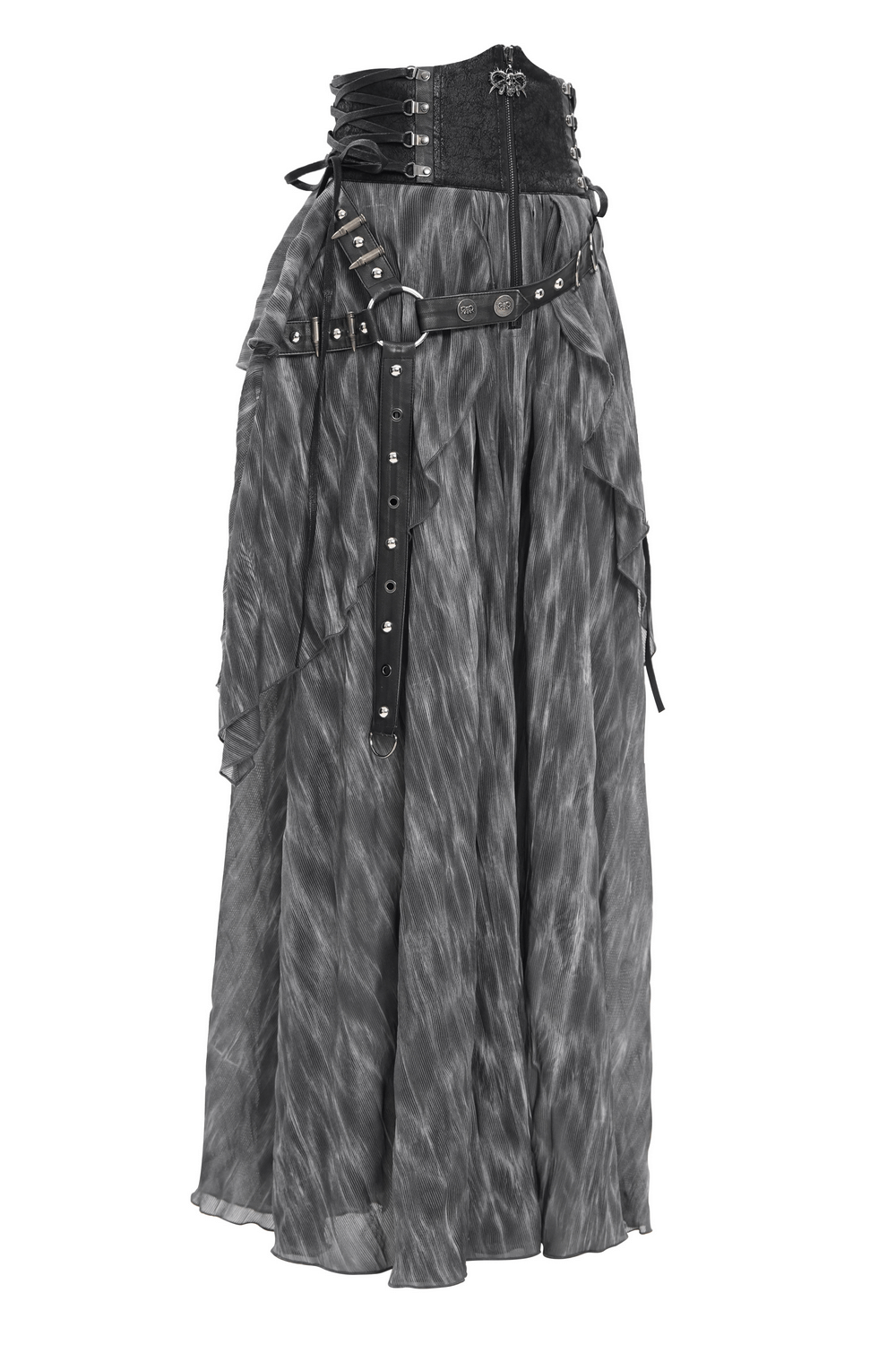 Gothic steampunk layered corset skirt with lace accents and adjustable waist for alternative fashion enthusiasts.