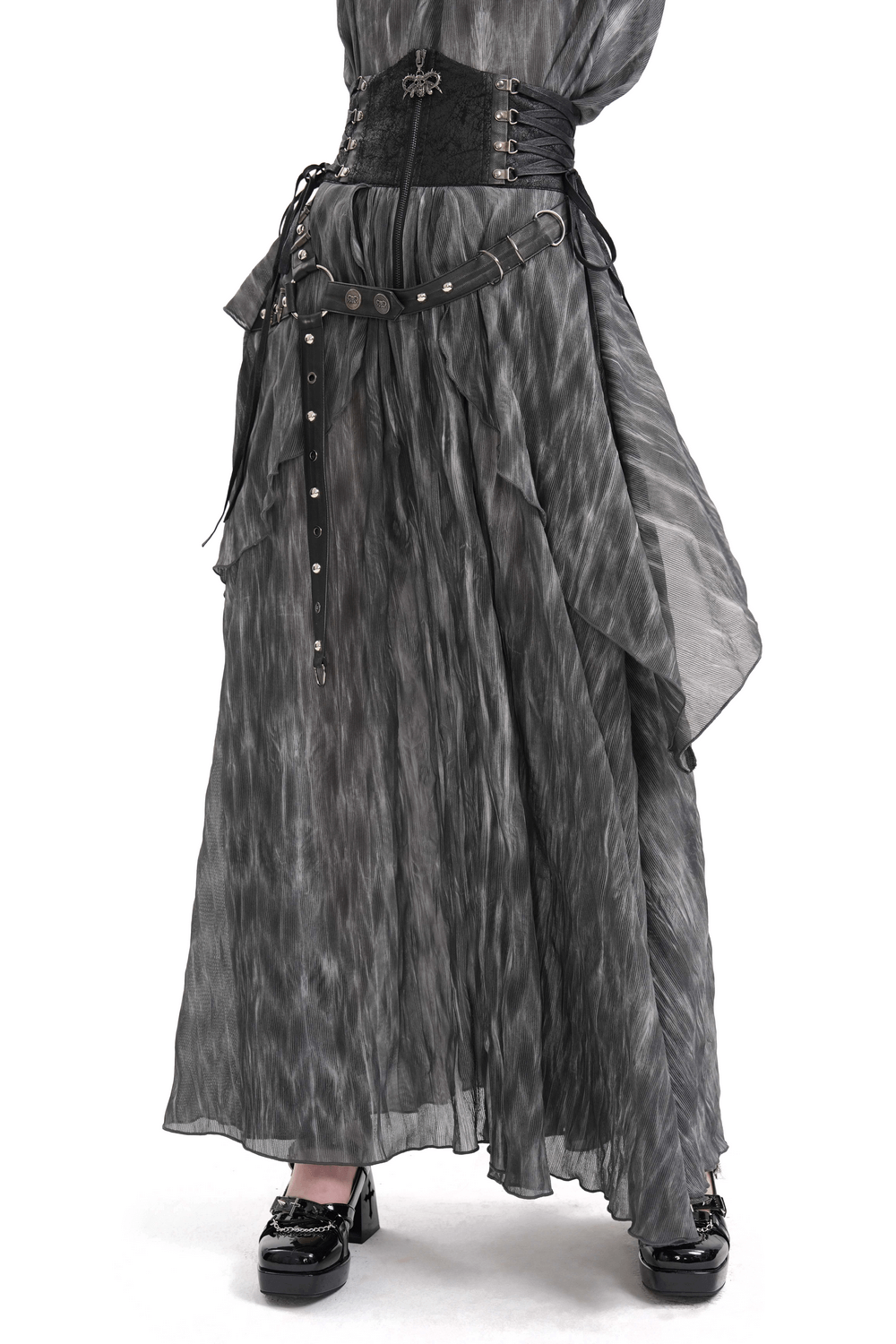 Gothic steampunk layered corset skirt in flowing pleated design with lace accents and a bold asymmetrical hemline.