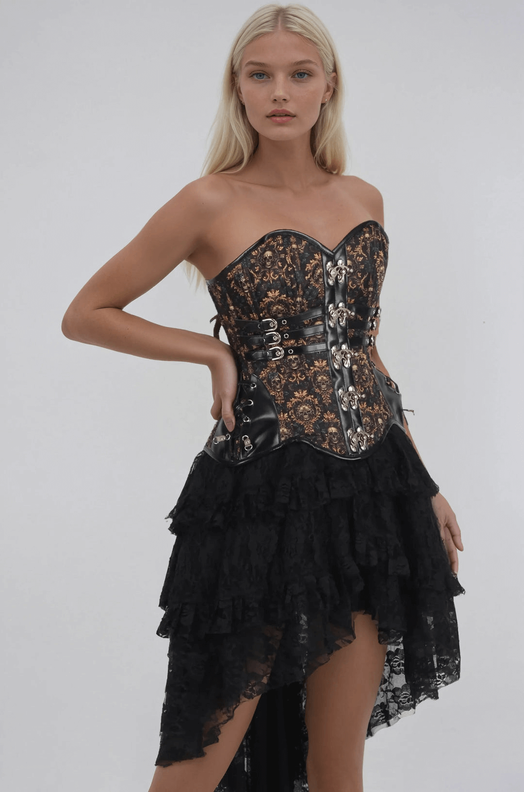 Gothic Steampunk Overbust Corset with ornate skull print and lace-up back, styled with a layered black skirt.