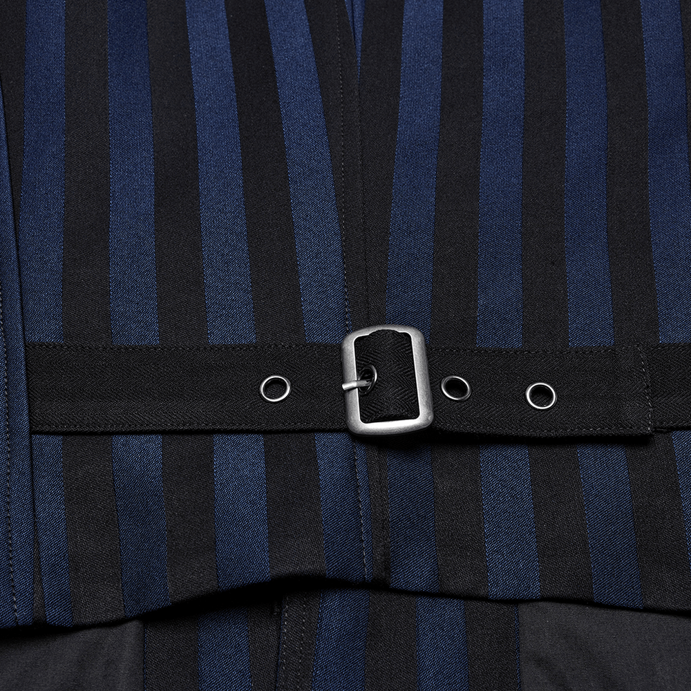 Close-up of Gothic Steampunk vest showing retro striped fabric and adjustable back strap with metallic buckle.