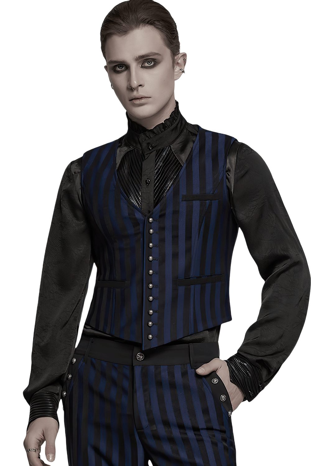 Gothic steampunk striped vest with carved buttons, featuring a stylish mix of retro stripes and elegant design.