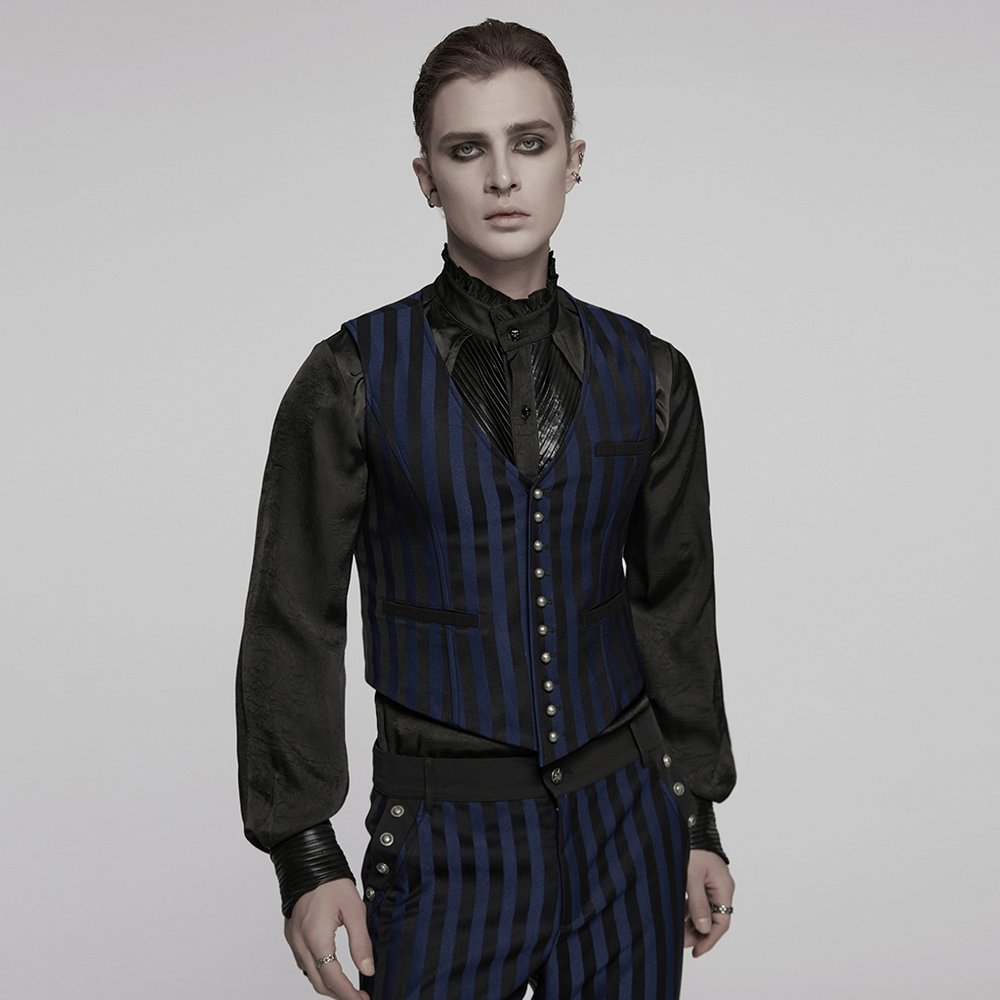 Gothic steampunk striped vest featuring carved buttons and a stylish back strap for a vintage touch.