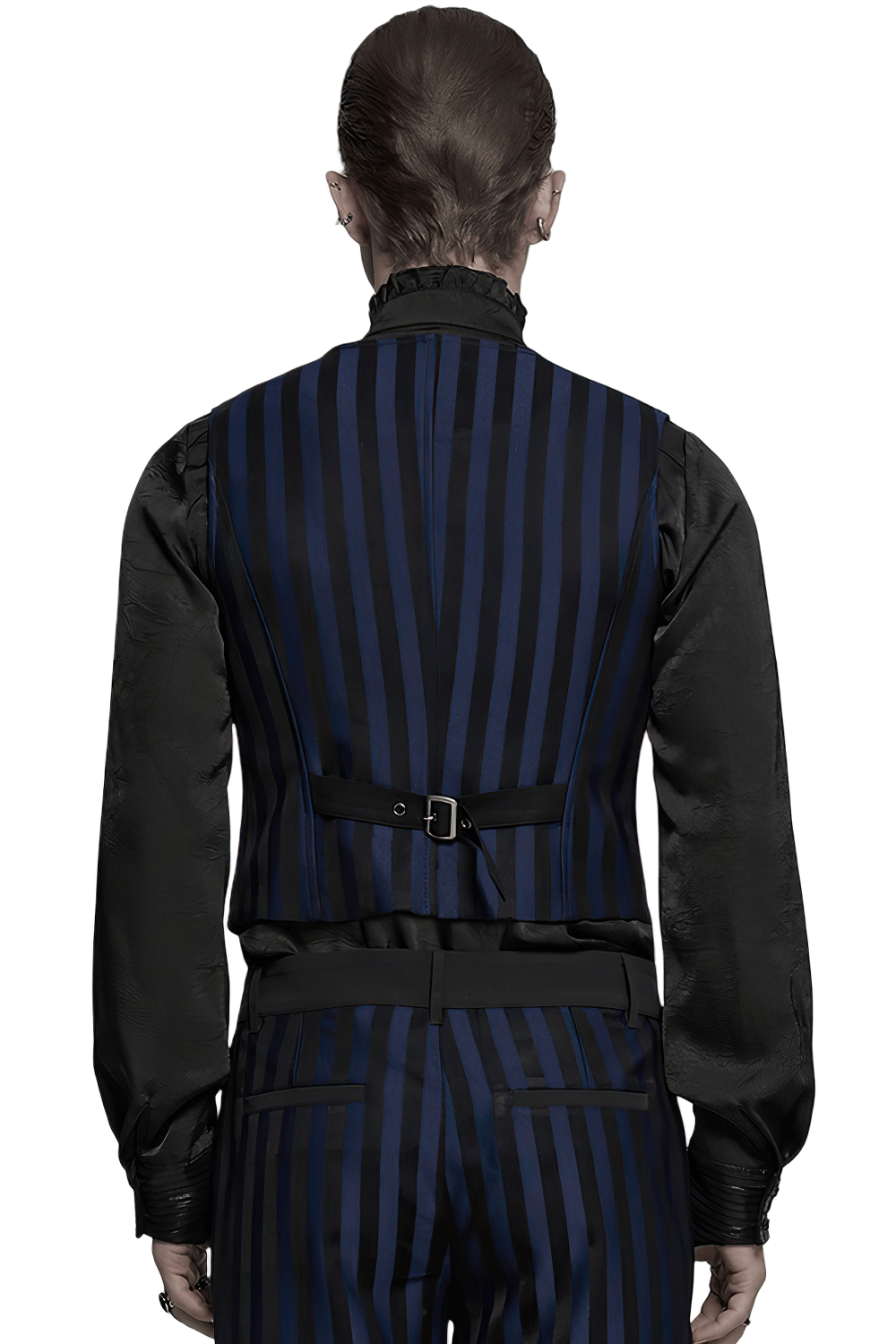 Back view of a Gothic Steampunk striped vest featuring retro stripes and adjustable strap.