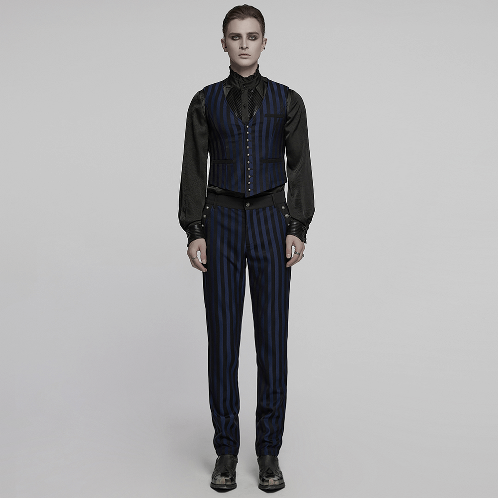 Gothic steampunk striped vest with carved buttons, styled elegantly with retro stripes and vintage charm.