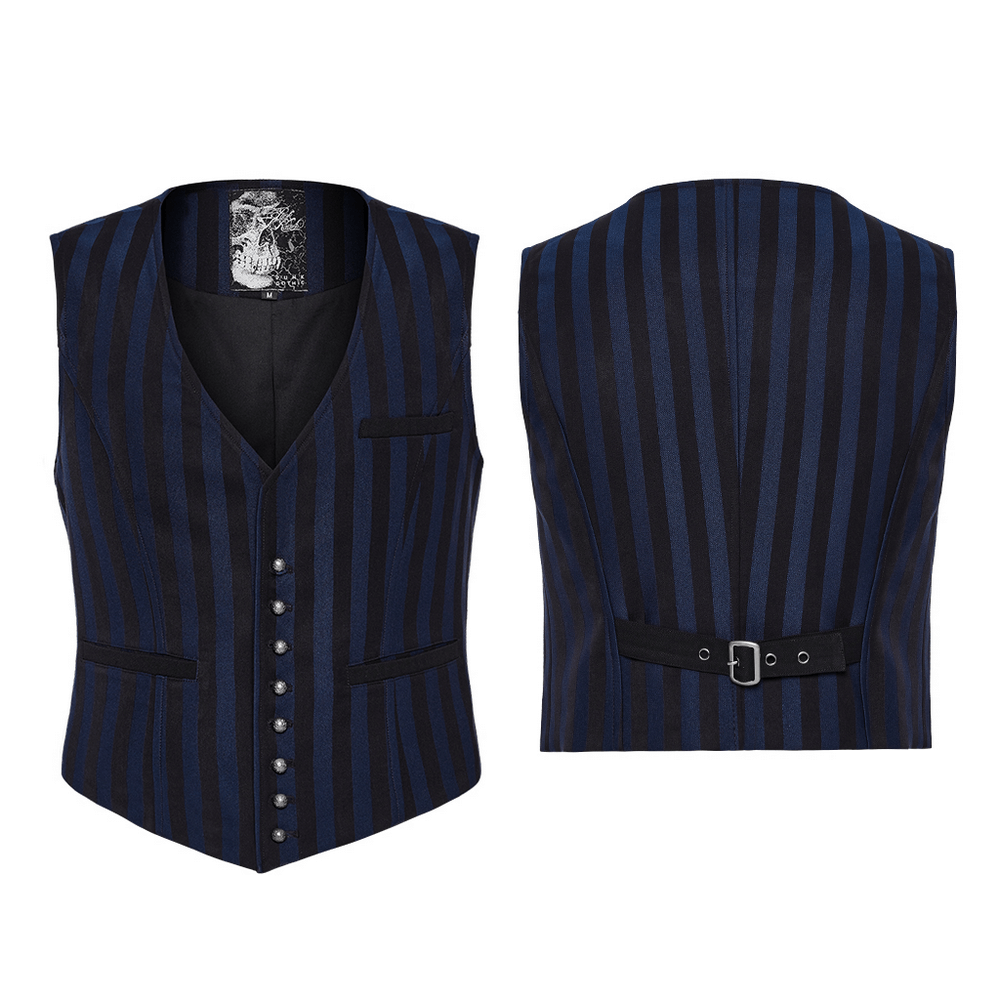 Gothic steampunk striped vest featuring carved buttons and adjustable back strap in elegant design.
