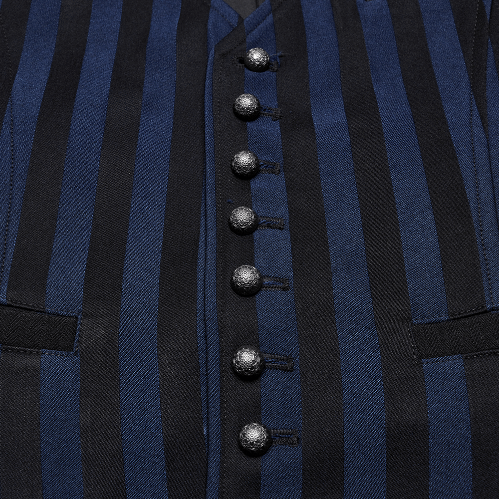 Gothic steampunk striped vest featuring vintage carved buttons and retro black-blue stripes.