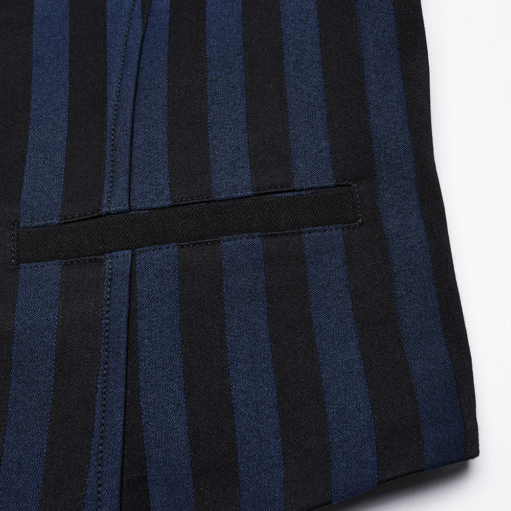 Close-up of Gothic Steampunk striped vest featuring elegant blue and black stripes and a tailored pocket.