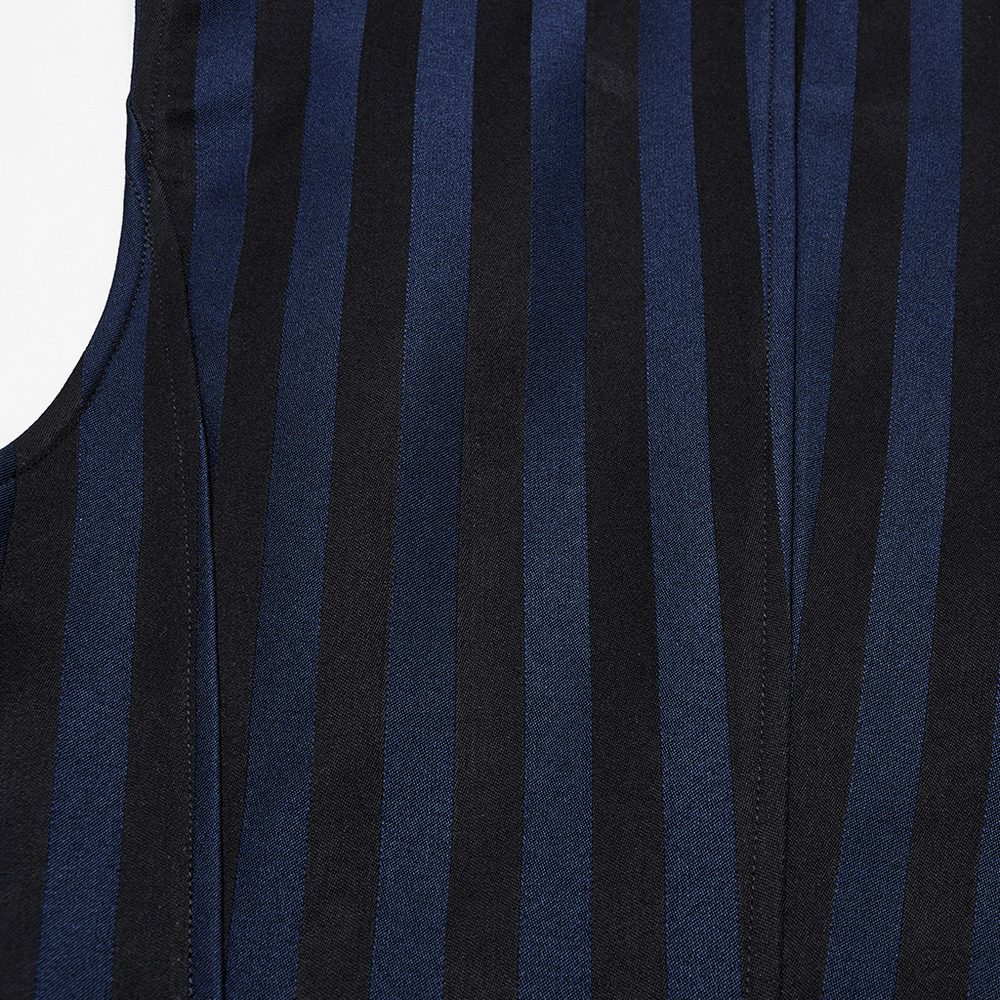 Close-up of Gothic Steampunk striped vest in dark blue and black fabric, showcasing elegant retro stripes.