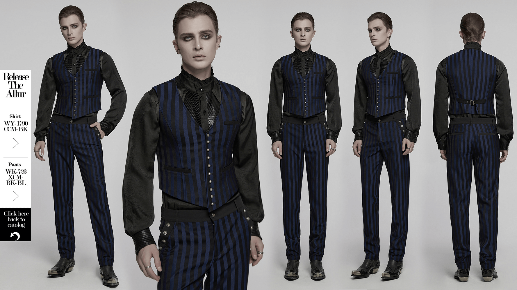 Gothic steampunk vest with retro stripes and carved buttons, perfect for a stylish vintage look.