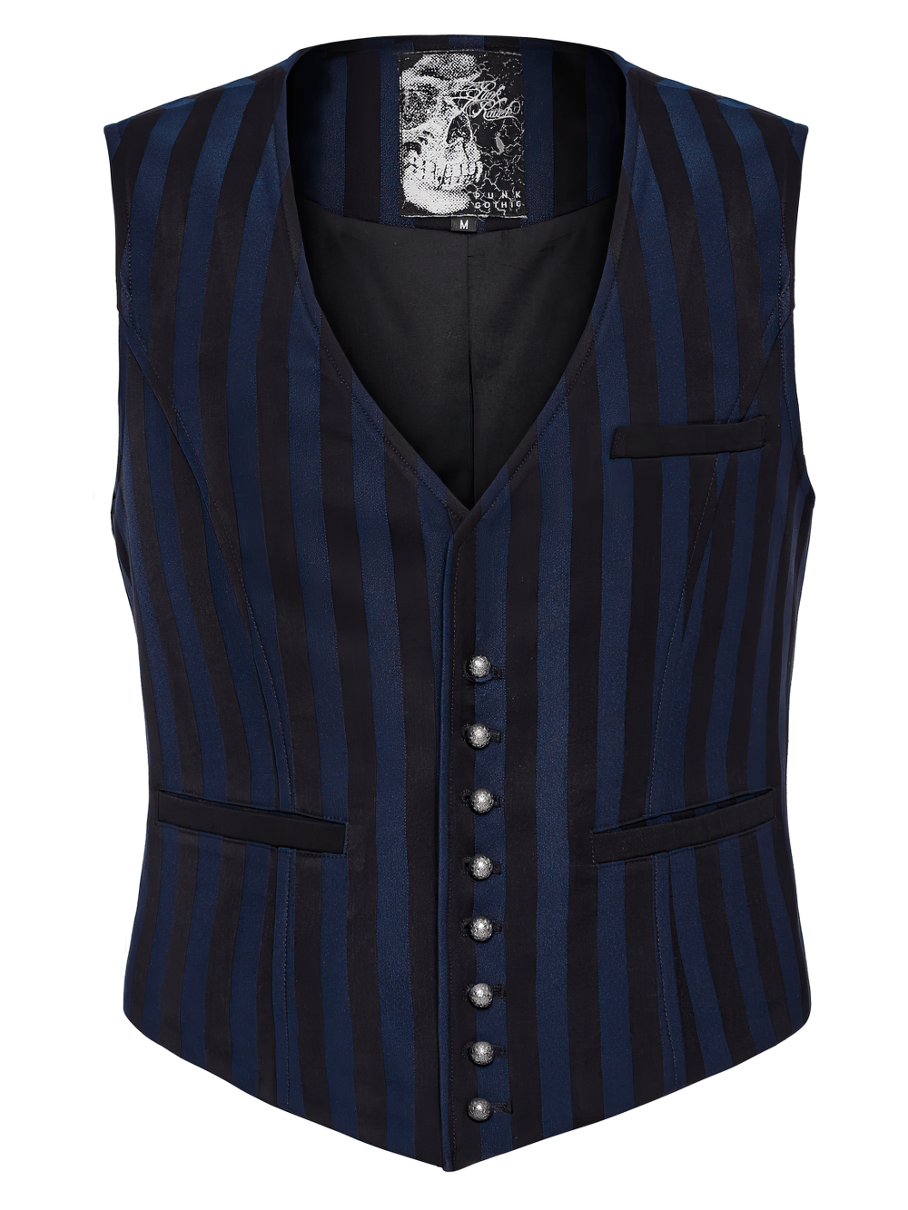Gothic steampunk striped vest with carved buttons, perfect for a vintage-inspired wardrobe.