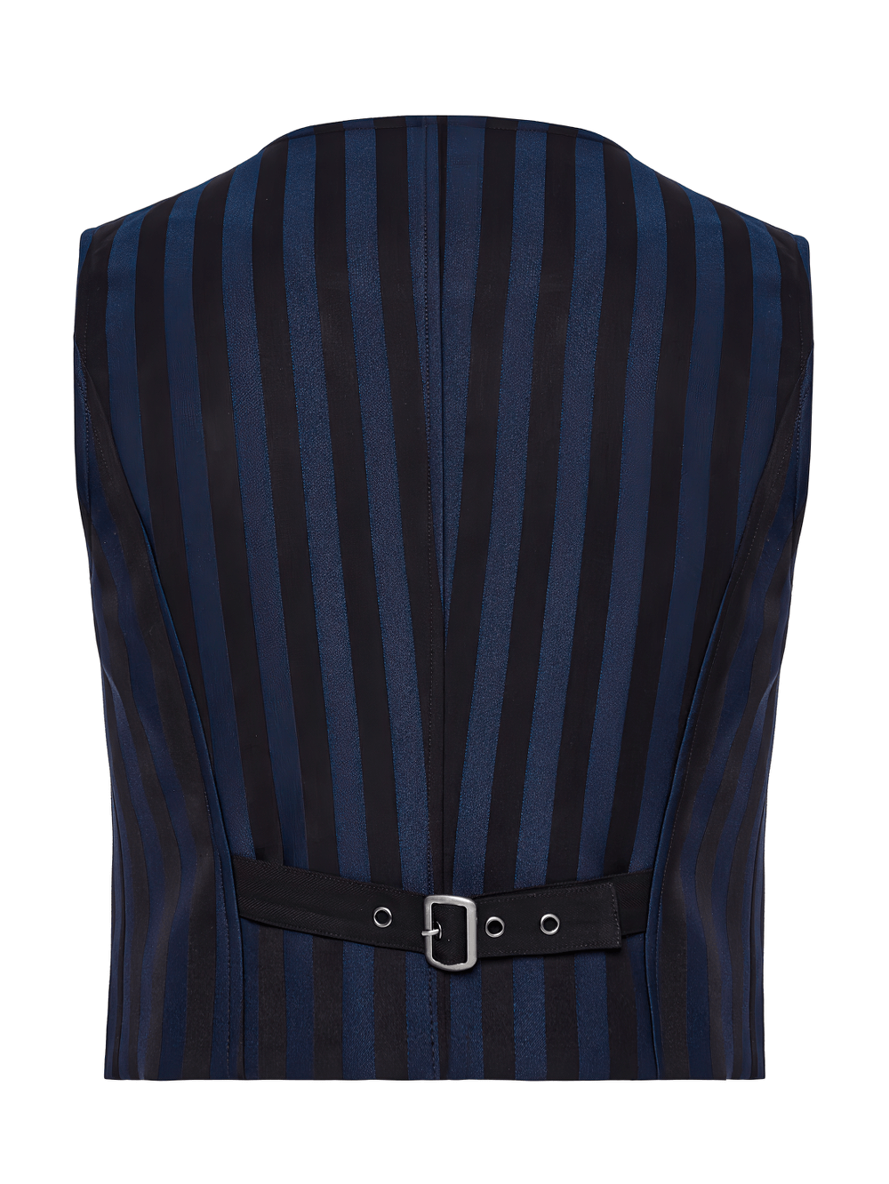 Back view of Gothic Steampunk striped vest featuring a decorative strap and carved buttons, showcasing elegance and vintage charm.
