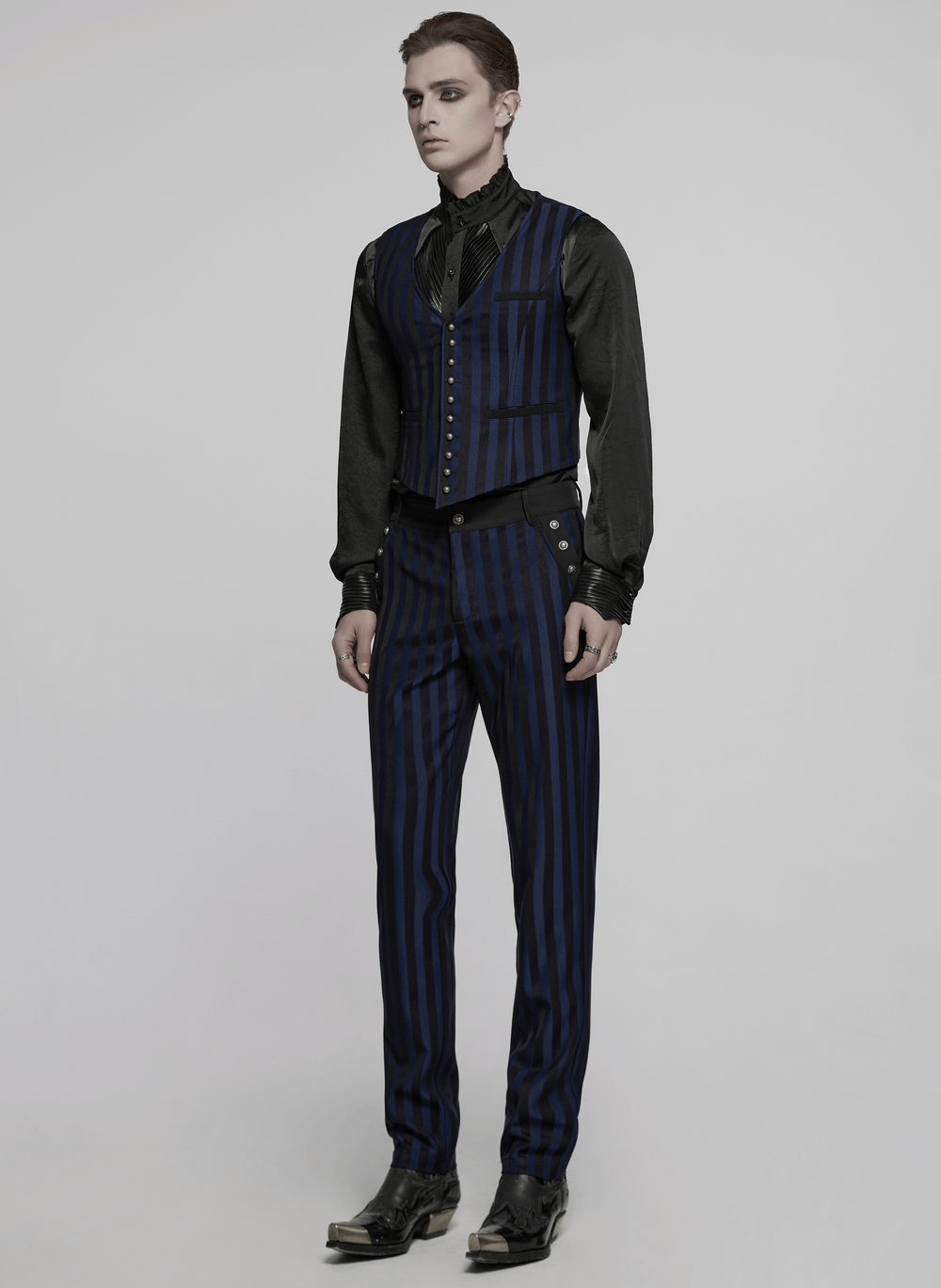 Gothic steampunk striped vest with carved buttons, paired with matching pinstriped trousers and elegant black shirt.