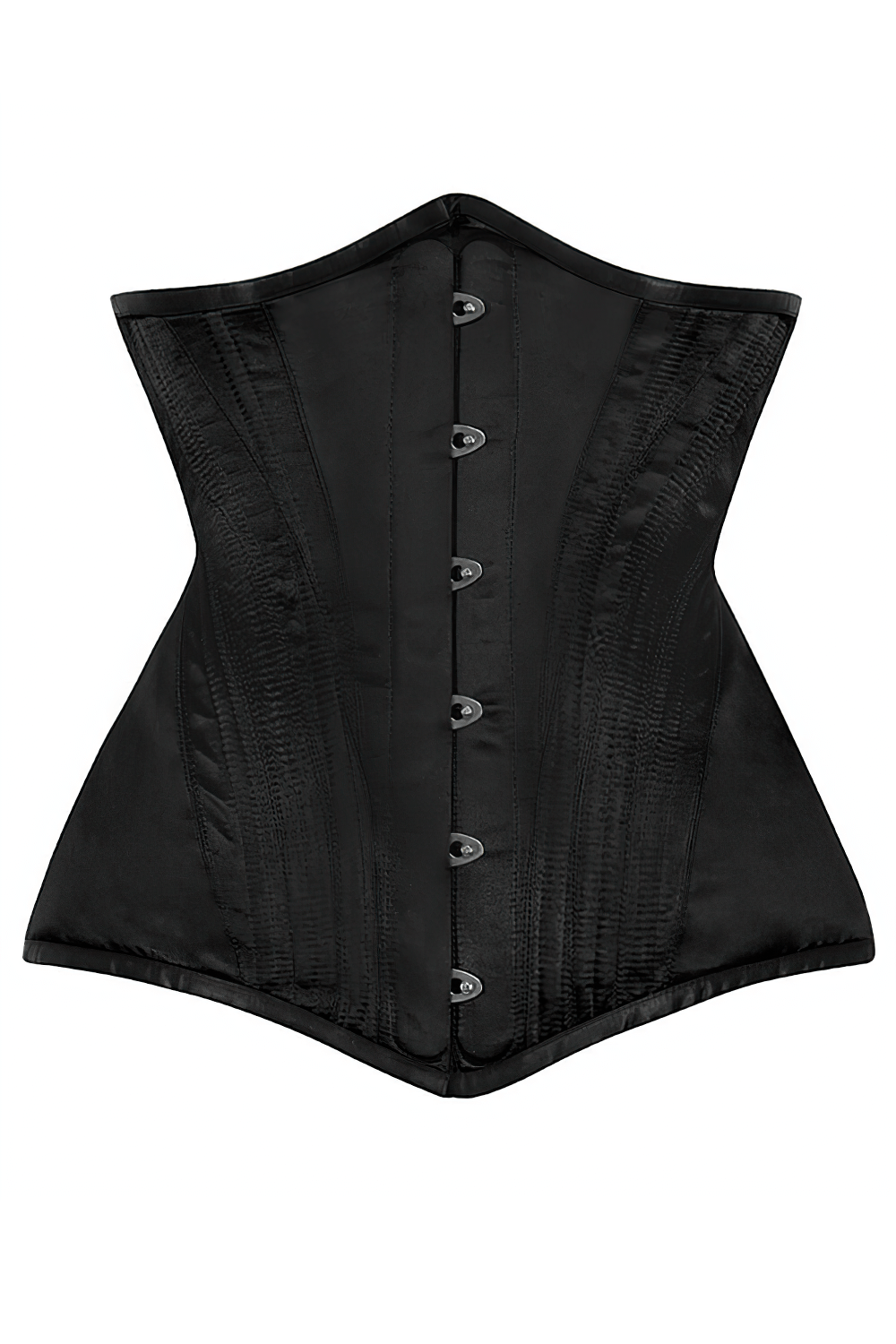 Gothic steel boned black corset with front busk for dramatic waist shaping and elegant silhouette.