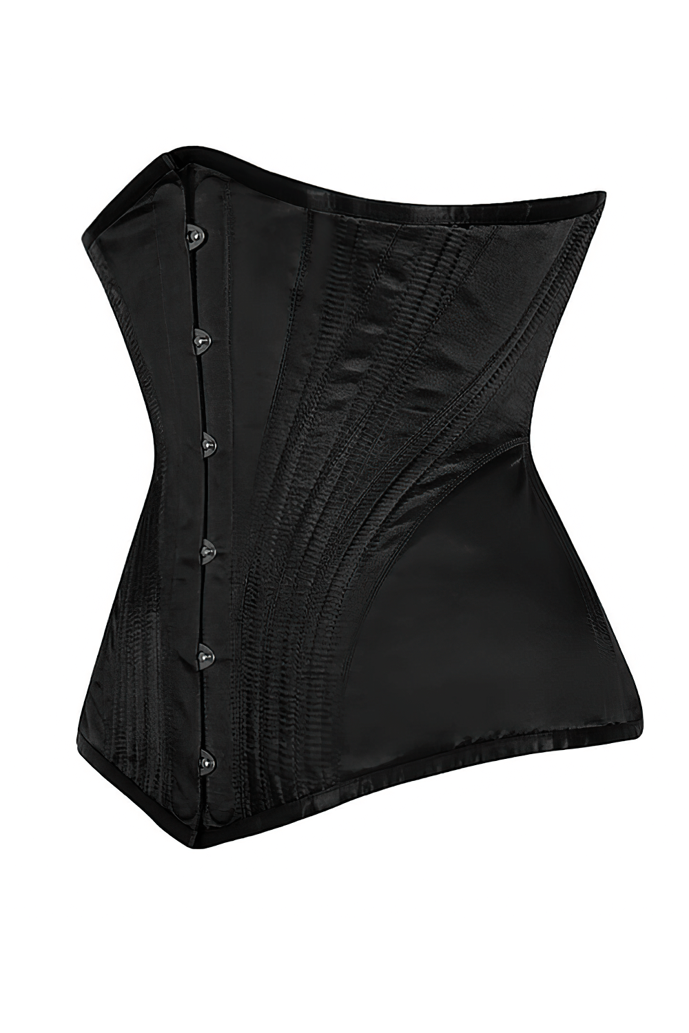 Gothic black steel boned waist training corset with front busk for dramatic hourglass silhouette.