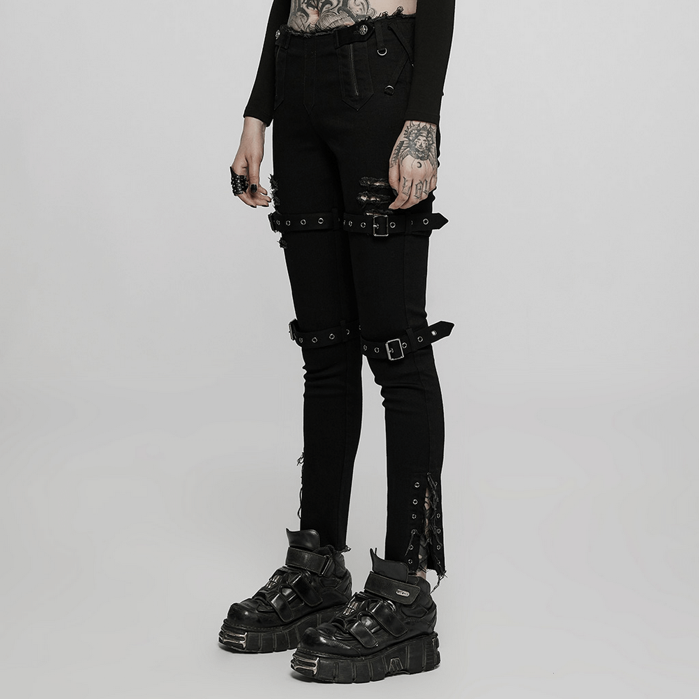 Gothic Strap-Detail Black Denim Skinny Jeans - HARD'N'HEAVY
