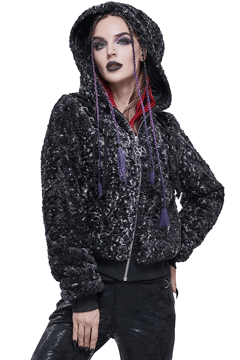 Women's gothic strappy black hoodie jacket with zipper and pentagram details, perfect for stylish warmth.