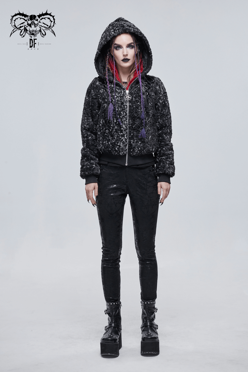 Gothic women's black zip-up jacket with hood, stylish design featuring unique textures and edgy aesthetic.