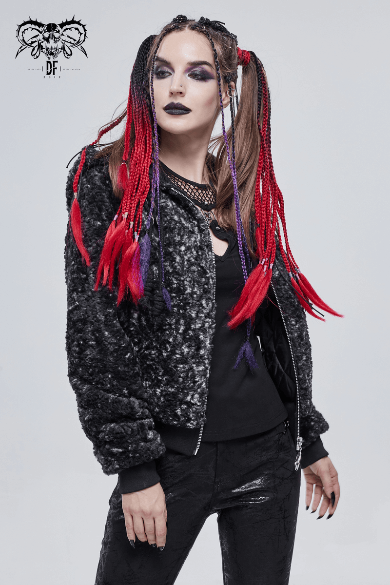 Gothic women's black warm jacket with zipper and hood, featuring stylish braided hair and a bold makeup look.