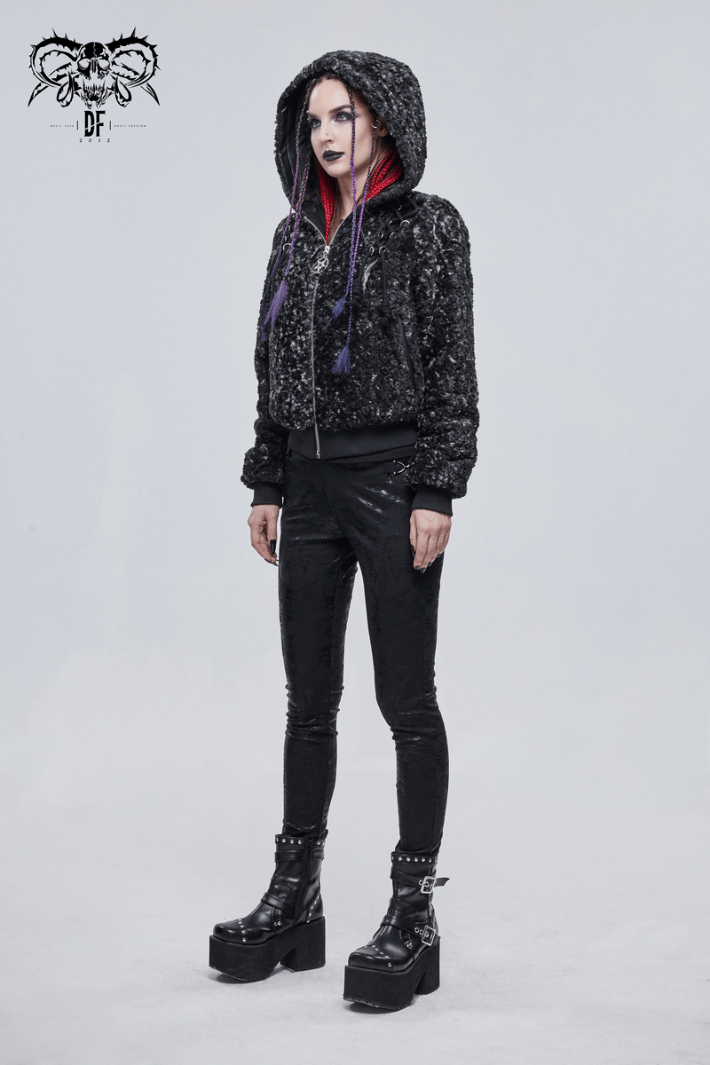 Gothic women's black warm jacket with hood, zipper, and stylish design, paired with black pants and chunky platform boots.
