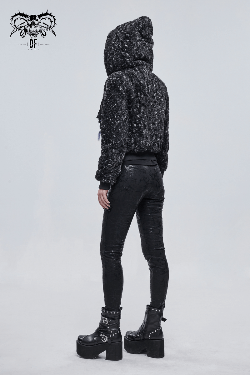Black gothic short jacket with hood, paired with shiny black leggings and chunky boots, showcasing stylish back view.