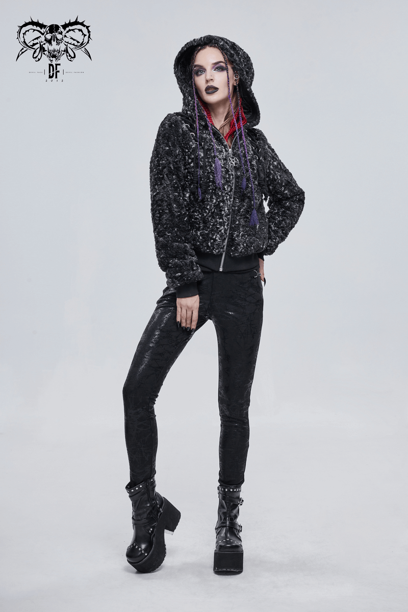 Gothic strappy short jacket with hood on model, featuring stylish design and warm fabric, perfect for edgy women's fashion.