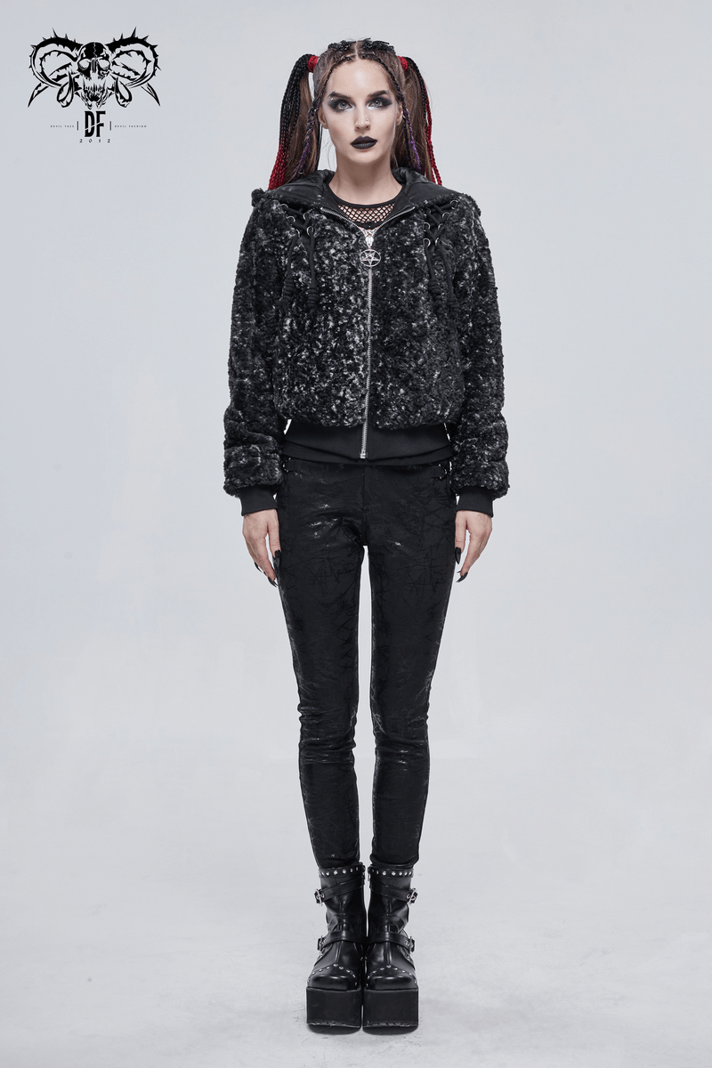 Gothic women's black warm jacket with hood, stylish strappy design and pentagram zipper detail.