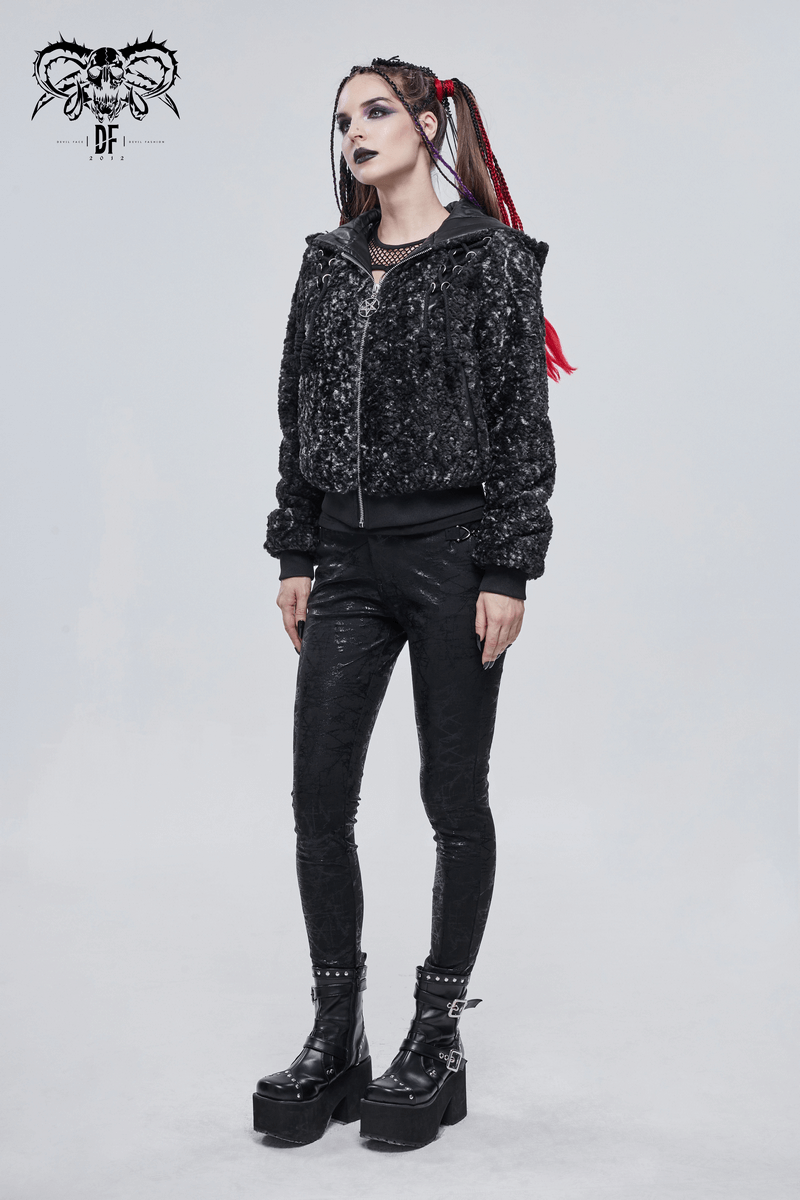 Gothic women's black strappy short jacket with hood, paired with stylish pants and platform boots.