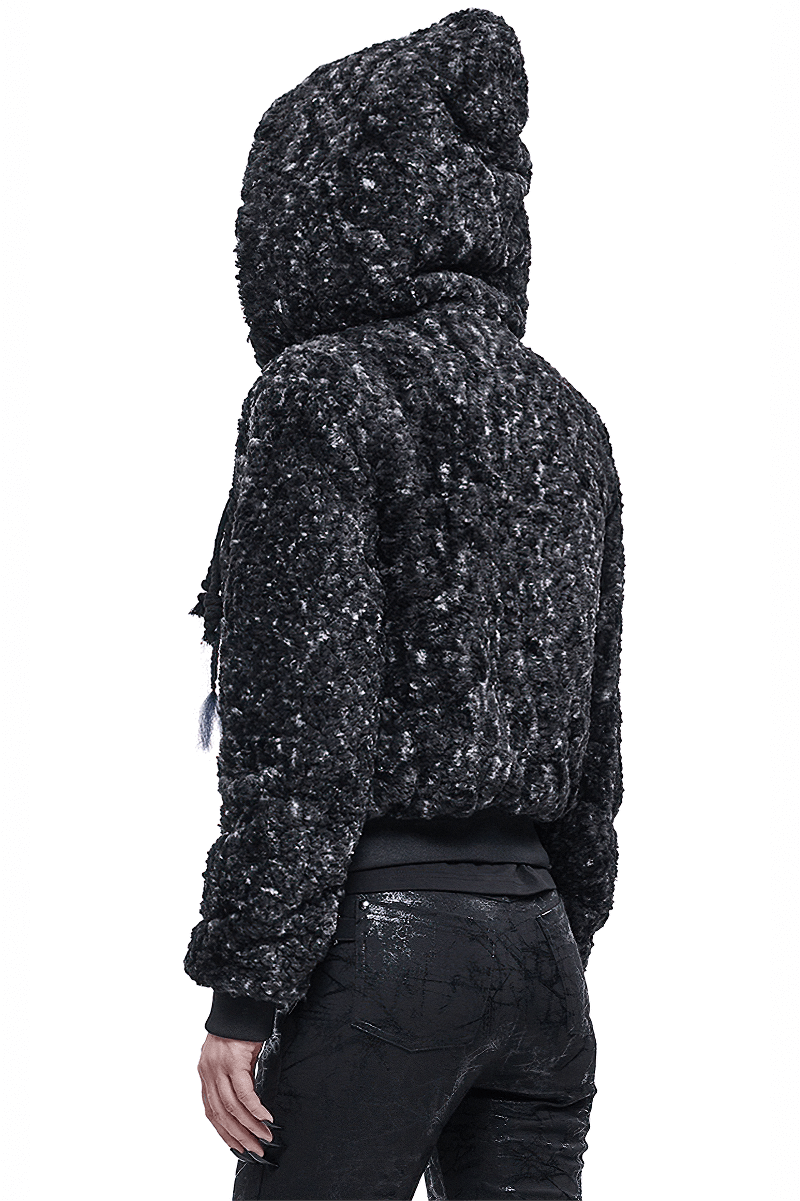 Back view of a women's gothic black warm jacket with a hood, showcasing its stylish and cozy design.