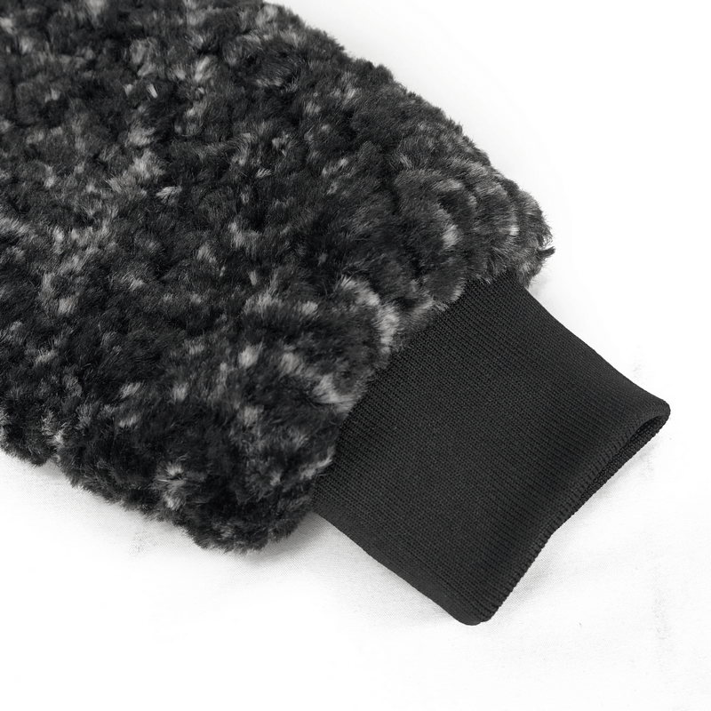 Close-up of a cozy black jacket sleeve with soft texture and ribbed cuff, perfect for gothic style fashion.