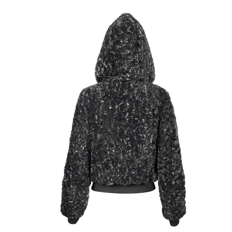 Back view of a cozy black gothic strappy warm jacket with hood and puffy texture for women