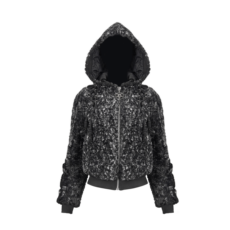 Gothic women's black warm jacket with hood, featuring zipper and stylish strappy design, perfect for cold weather.