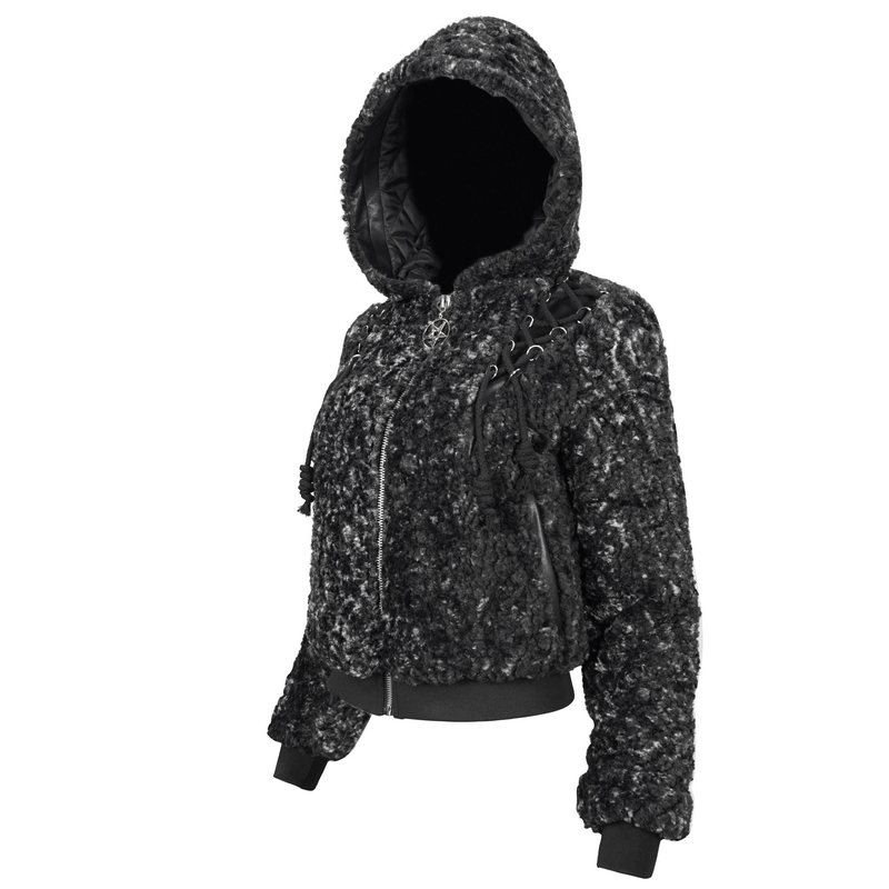 Gothic strappy short jacket for women, featuring a hood and zipper, in stylish black fabric.