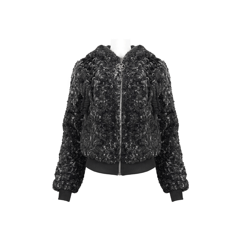 Gothic strappy black jacket with hood and zipper, featuring stylish pentagram detail and plush texture for warmth.