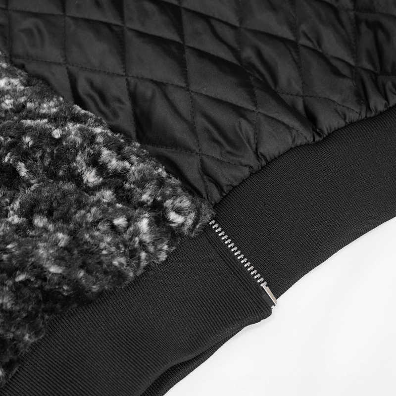 Close-up of the Gothic Strappy Splice Short Jacket with Hood showcasing textured black fabric and zipper detail.