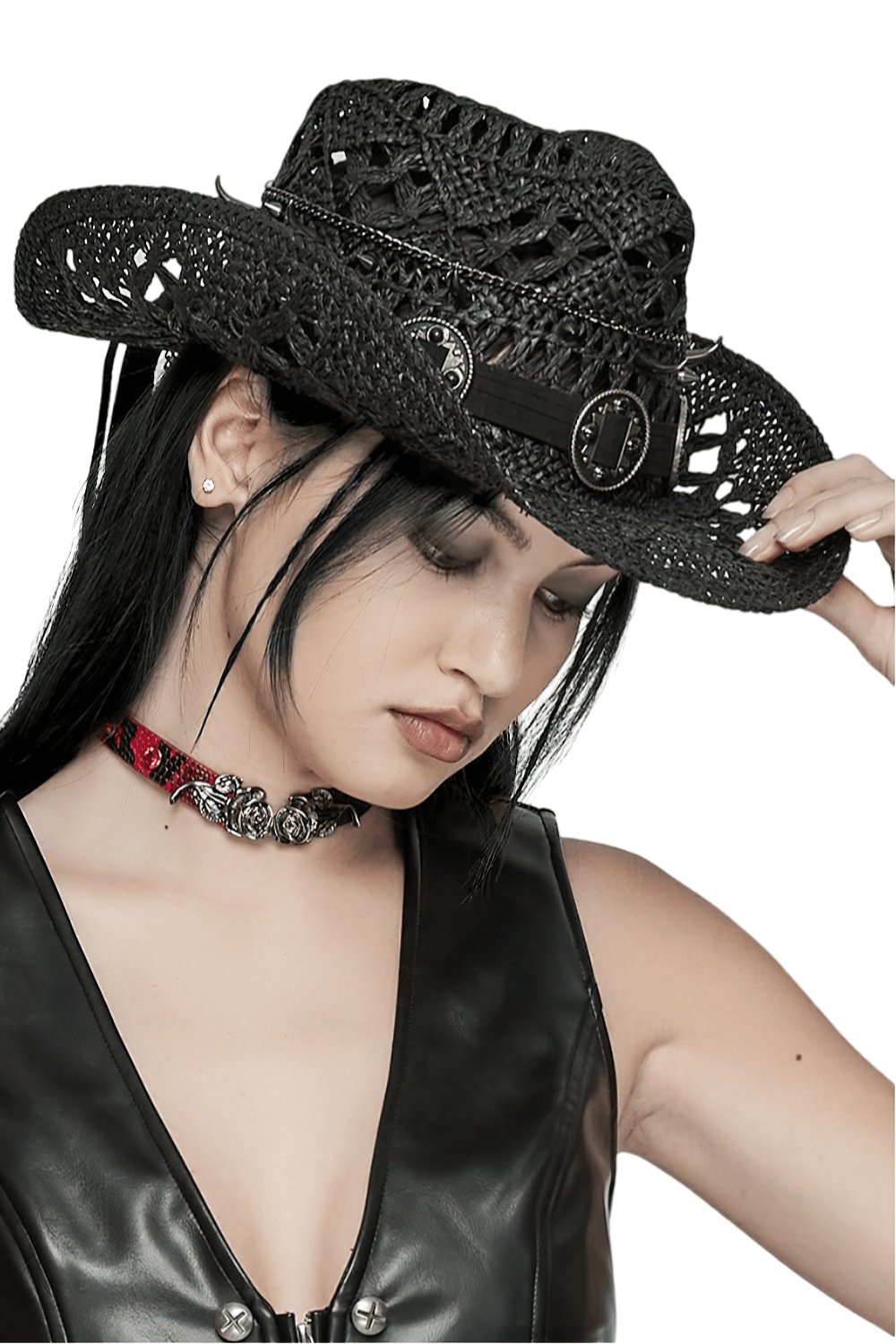 Stylish Gothic straw cowboy hat with spikes and tassel, worn by a woman with dark hair and punk accessories.