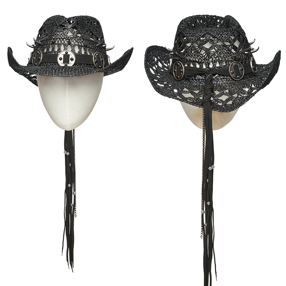 Gothic straw cowboy hat with spikes and tassel, featuring woven Lafite grass and metallic accents for a punk style.