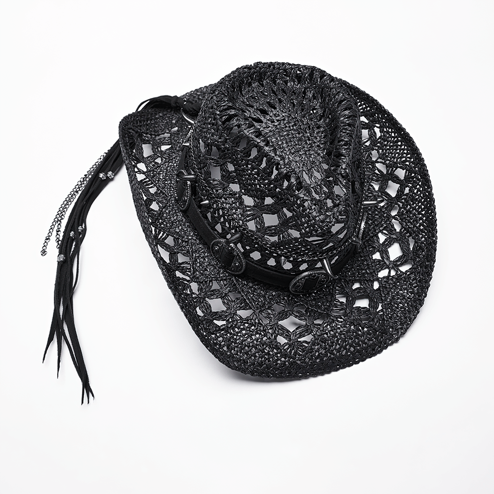 Gothic straw cowboy hat with spikes and tassel, featuring woven Lafite grass and punk-inspired accents.