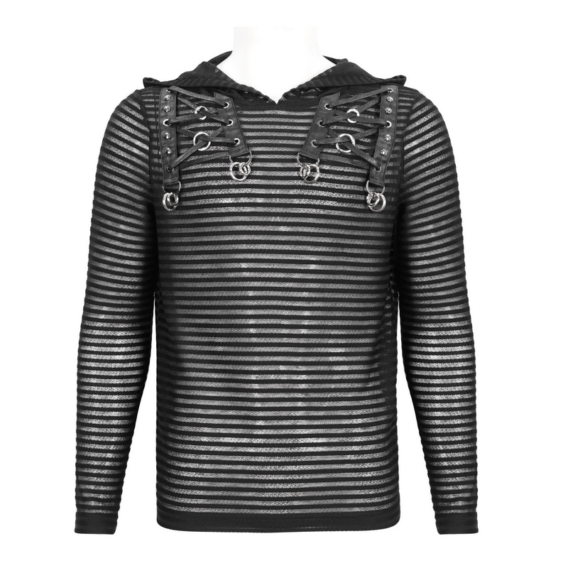 Gothic striped hoodie with lace-up detail and cowl neck in black and grey.