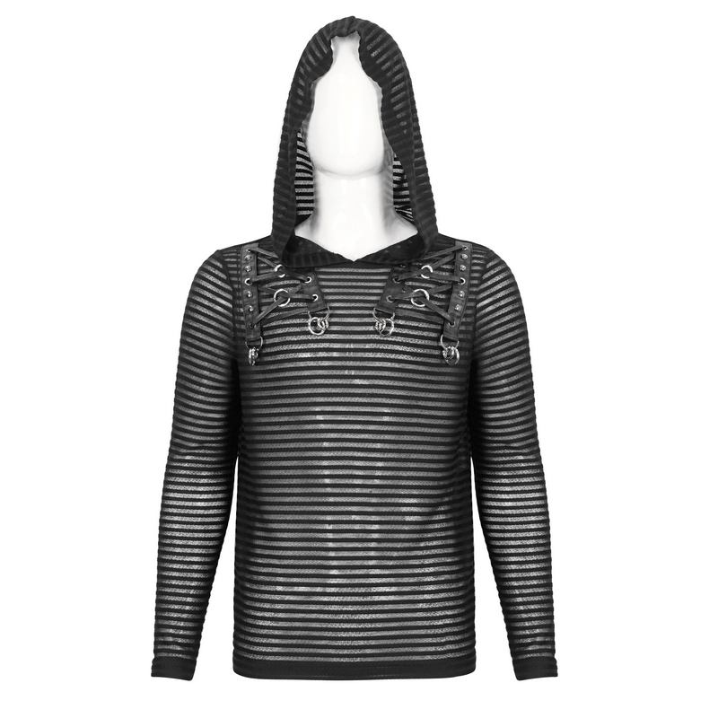 Gothic striped hoodie with lace-up detail and cowl neck in black and grey.