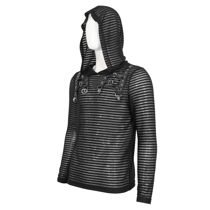 Gothic striped hoodie with lace-up details and cowl neck for men, in bold black and grey colors.