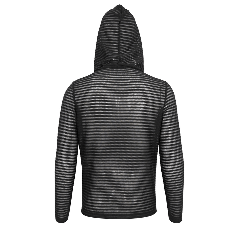 Back view of Mystic Shadow men's gothic striped hoodie with lace-up detail and cowl neck, showcasing bold black and grey stripes.