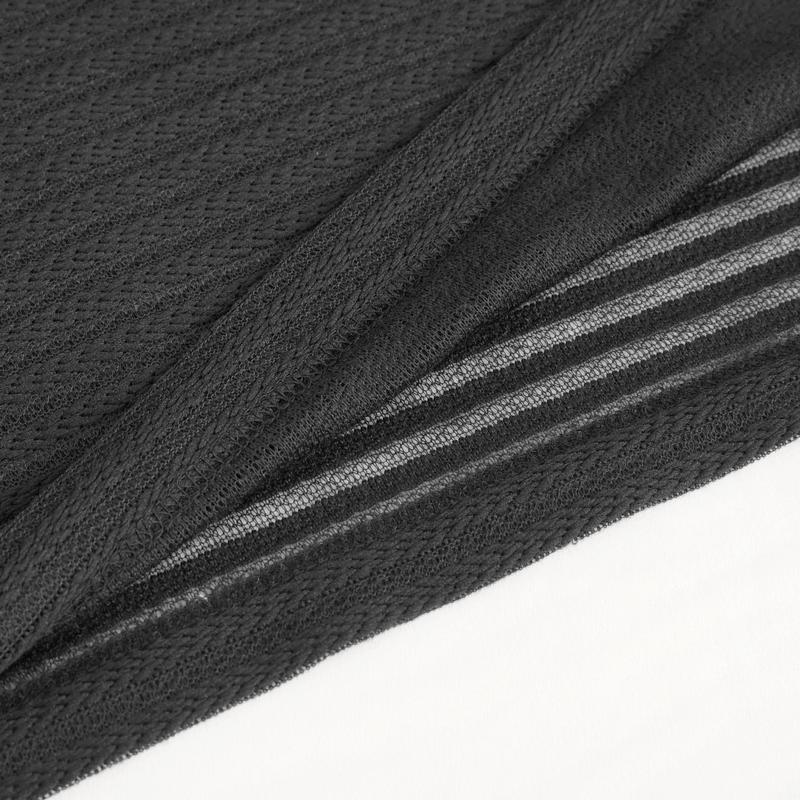 Close-up of gothic striped fabric in black and grey, showcasing lace-up detail of Mystic Shadow hoodie.